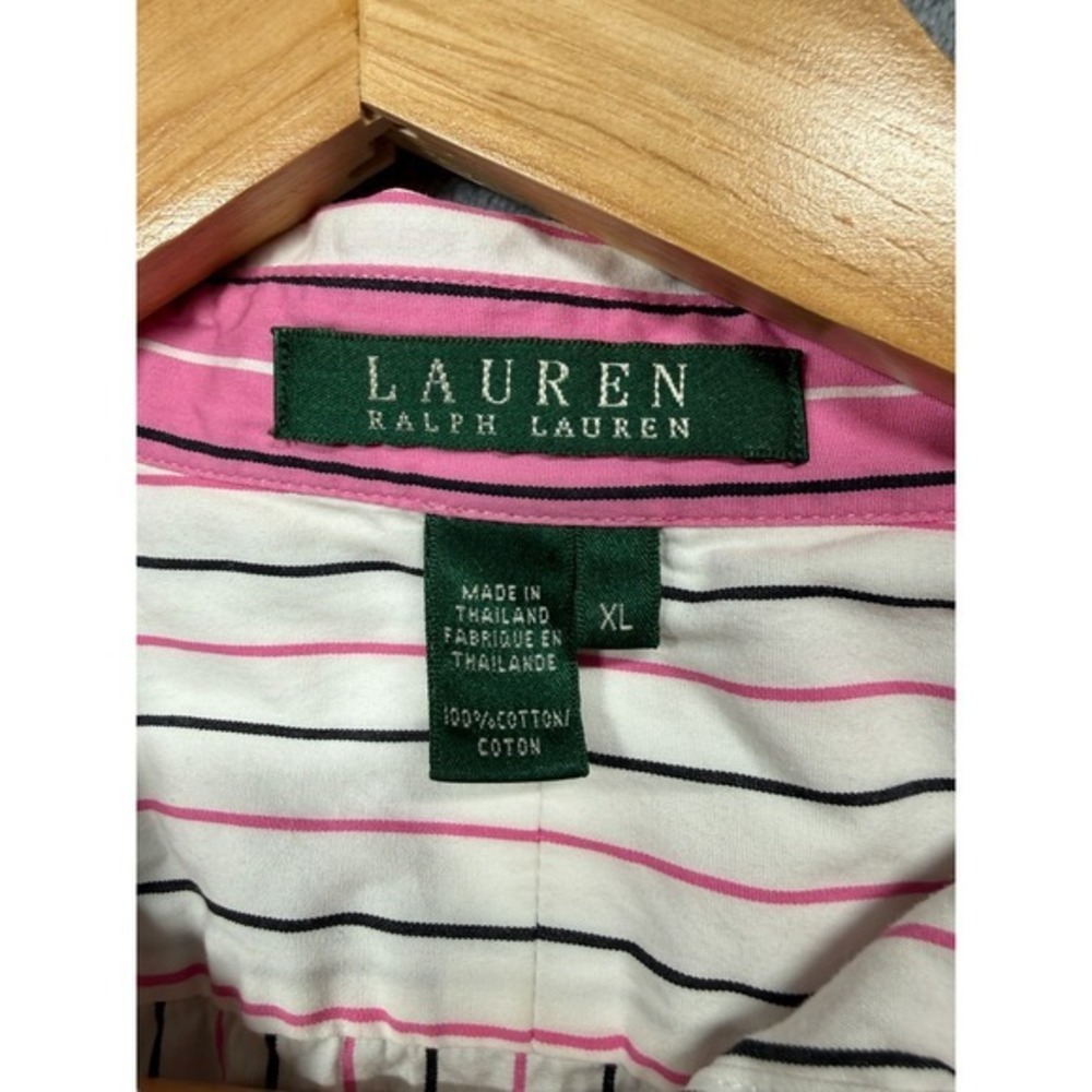 Lauren Ralph Lauren Shirt Womens XL White Pink Striped Curved Hem Button Up - Picture 3 of 5